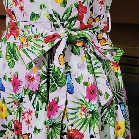 Lady Vintage Dress Butterfly Monstera Leaf Flower Print Cotton Sash Belt Size Sm - Picture 6 of 10